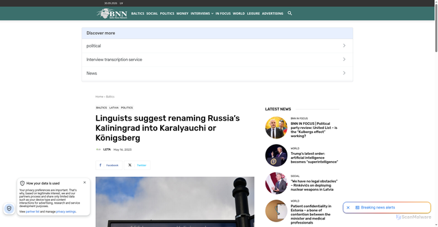 Security scan screenshot of https://bnn-news.com/linguists-suggest-renaming-russias-kaliningrad-into-karalyauchi-or-konigsberg-245700