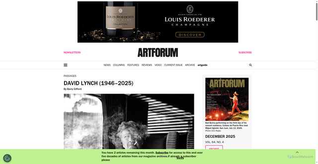 Security scan screenshot of https://www.artforum.com/columns/david-lynch-obituary-barry-gifford-1234738013/