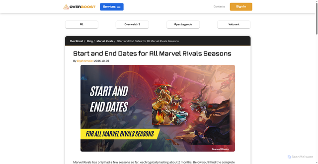 Security scan screenshot of https://overboost.pro/blog/marvel-rivals/all-marvel-rivals-seasons-start-and-end-dates