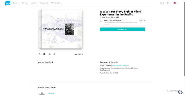 Security scan screenshot of https://www.blurb.com/b/3238830-a-wwii-f6f-navy-fighter-pilot-s-experiences-in-the?srsltid=AU7gw4VOAFASqMPNAglMjFTGKyLW2PIdfbGXdV5XS1yYD9rOg1-DqR7A