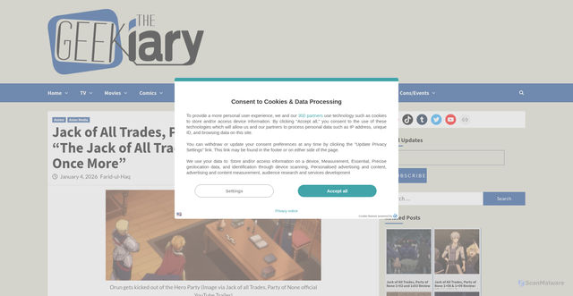 Security scan screenshot of https://thegeekiary.com/jack-of-all-trades-party-of-none-1x01-review-the-jack-of-all-trades-becomes-a-swordsman-once-more/135321