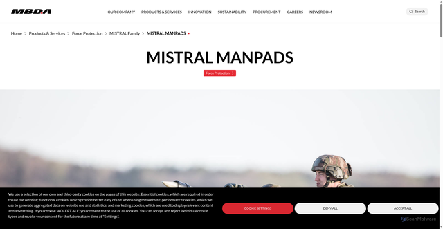 Security scan screenshot of https://www.mbda-systems.com/products/force-protection/mistral-family/mistral-manpads