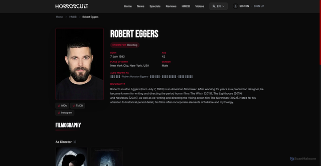 Security scan screenshot of https://horrorcult.com/person/robert-eggers