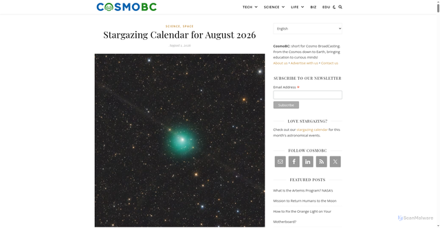 Security scan screenshot of https://cosmobc.com/stargazing-calendar-august-2026/