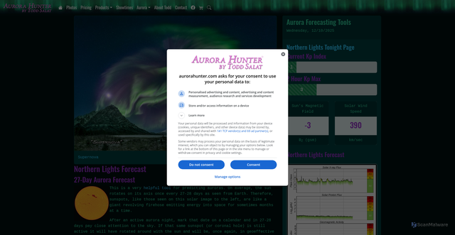 Security scan screenshot of https://www.aurorahunter.com/northern-lights-forecast.html