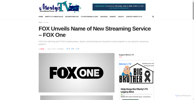 Security scan screenshot of https://mortystv.com/blog/2025/05/12/fox-unveils-name-of-new-streaming-service-fox-one/