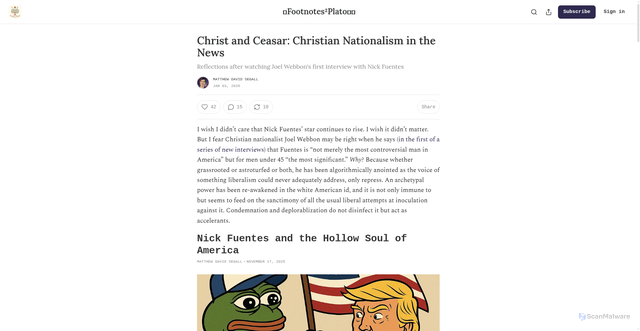 Security scan screenshot of https://footnotes2plato.substack.com/p/christ-and-ceasar-christian-nationalism