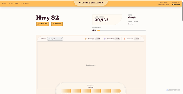 Security scan screenshot of https://fires.cornea.is/fire/georgia_hwy-82_2026-04-21-160117