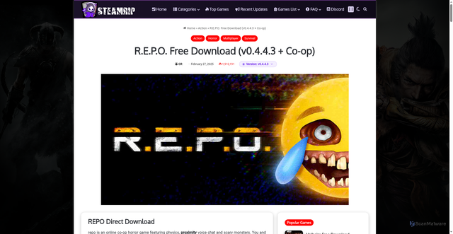 Security scan screenshot of https://steamrip.com/r-e-p-o-free-download/