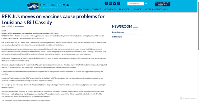 Security scan screenshot of https://schrier.house.gov/media/in-the-news/rfk-jrs-moves-vaccines-cause-problems-louisianas-bill-cassidy