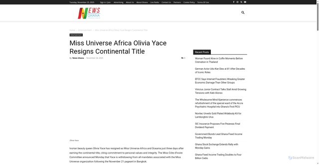 Security scan screenshot of https://www.newsghana.com.gh/miss-universe-africa-olivia-yace-resigns-continental-title/