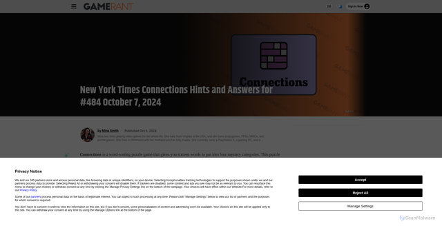 Security scan screenshot of https://gamerant.com/new-york-times-connections-hints-answers-484-october-7-2024/