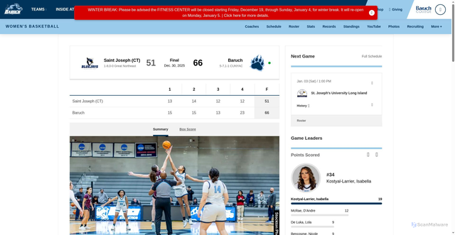 Security scan screenshot of https://athletics.baruch.cuny.edu/news/2025/12/30/womens-basketball-bearcats-defeat-university-of-st-joseph-66-51.aspx