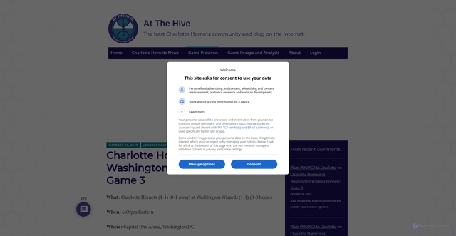 Security scan screenshot of https://atthehive.com/2025/10/26/charlotte-hornets-vs-washington-wizards-preview-game-3/