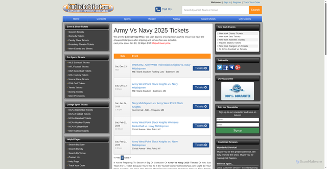 Security scan screenshot of https://www.findticketsfast.com/NCAA_Vs/Army_Vs_Navy_Tickets.shtml