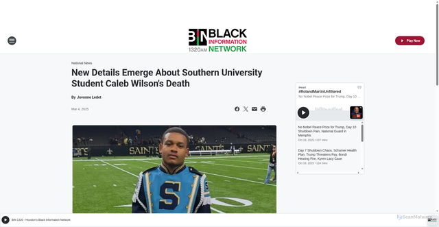 Security scan screenshot of https://houston.binnews.com/content/2025-03-04-new-details-emerge-about-southern-university-student-caleb-wilsons-death/