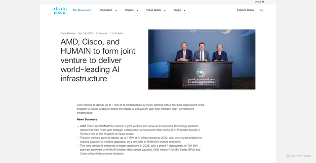 Security scan screenshot of https://newsroom.cisco.com/c/r/newsroom/en/us/a/y2025/m11/amd-cisco-and-humain-to-form-joint-venture-to-deliver-world-leading-ai-infrastructure.html