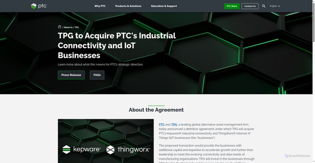 Security scan screenshot of https://www.ptc.com/en/about/tpg-to-acquire-ptcs-industrial-connectivity-and-iot-businesses