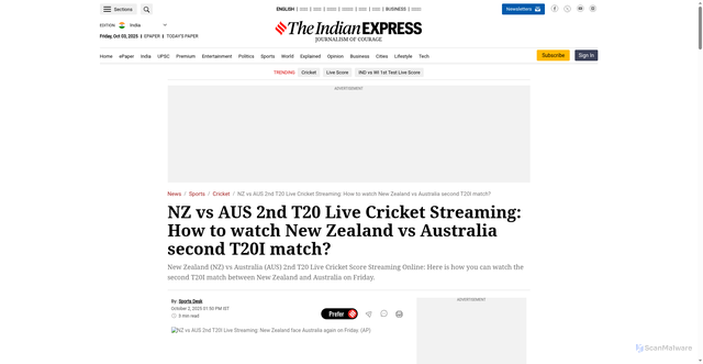 Security scan screenshot of https://indianexpress.com/article/sports/cricket/nz-vs-aus-2nd-t20-live-cricket-streaming-new-zealand-australia-10283633/