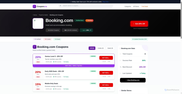 Security scan screenshot of https://coupon-king.pages.dev/coupons/booking-com/