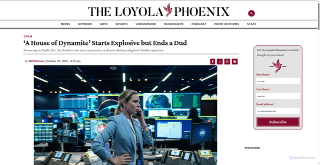 Security scan screenshot of https://loyolaphoenix.com/2025/10/a-house-of-dynamite-starts-explosive-but-ends-a-dud/
