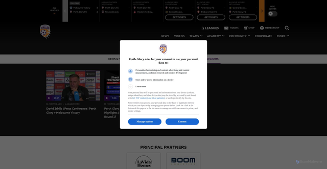 Security scan screenshot of https://perthglory.com.au/match/a-league-men/perth-glory-vs-melbourne-victory-01-02-2025/