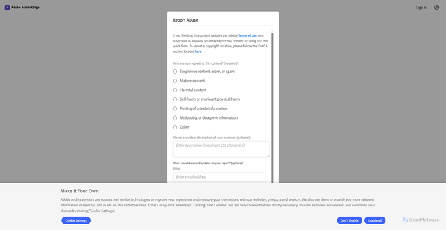 Security scan screenshot of https://na4.documents.adobe.com/public/reportAbuseForm?tsid=CBFCIBAACBSCTBABDUAAABACAABAACtPT4CxnDnb8oUOCjRIBBEUB9zNVrX7qZCJ9W3U9iqPug_gtDP4uKTjNviW3hUMdPqtRadKy6UZ7p5h2GEfg0DGvwDCOMKcNW45129E0IbyI8XquP1dfZUpcuhYv2mBa
