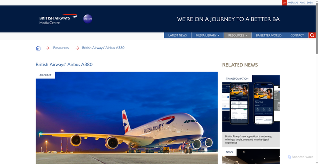 Security scan screenshot of https://mediacentre.britishairways.com/factsheet/details/4