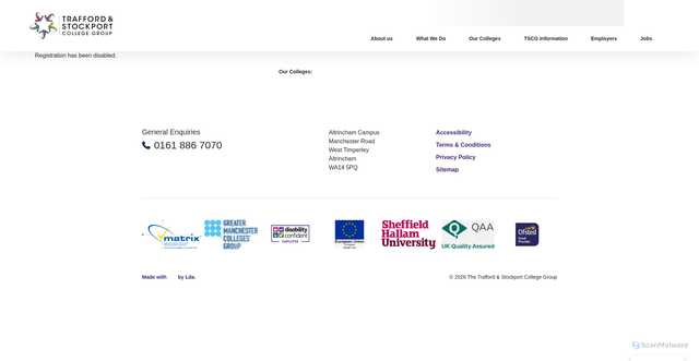 Security scan screenshot of https://tscg.ac.uk/wp-signup.php?new=www.trafford.ac.uk
