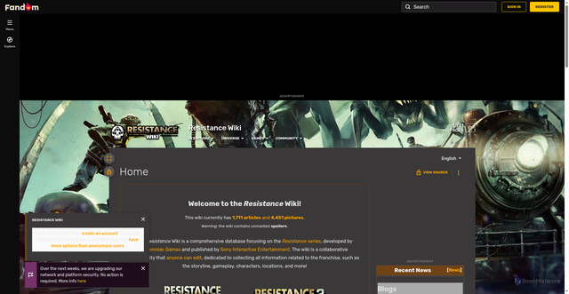 Security scan screenshot of https://resistance.fandom.com/wiki/Resistance_Wiki