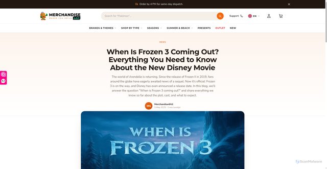 Security scan screenshot of https://www.merchandise4all.com/en/blogs/news/when-is-frozen-3-coming-out-everything-you-need-to?srsltid=AfmBOooLtXpLjsS-OXwGAjVWaVe2Q9Kkb5N0EfeHQFvdmY0aeydxalOh