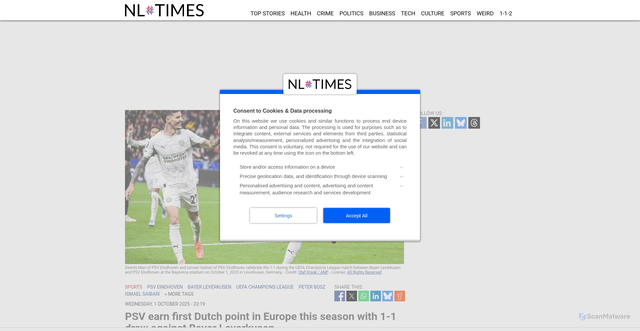 Security scan screenshot of https://nltimes.nl/2025/10/01/psv-earn-first-dutch-point-europe-season-1-1-draw-bayer-leverkusen