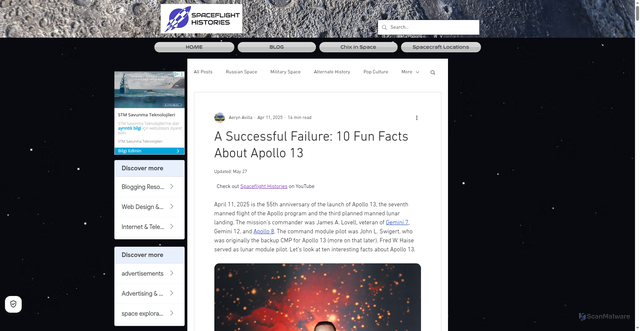 Security scan screenshot of https://www.spaceflighthistories.com/post/apollo-13