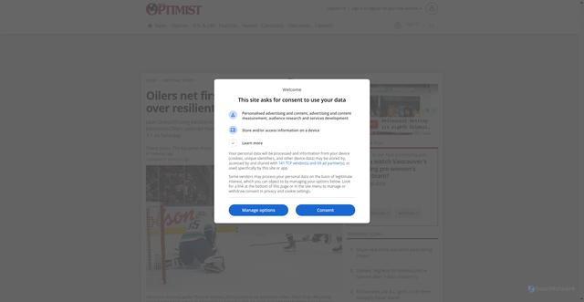 Security scan screenshot of https://www.delta-optimist.com/national-sports/oilers-net-first-win-with-3-1-decision-over-resilient-canucks-11339167