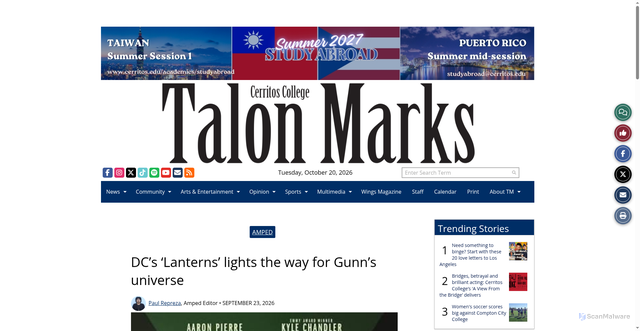 Security scan screenshot of https://www.talonmarks.com/arts-entertainment/amped/2026/09/23/dcs-lanterns-lights-the-way-for-gunns-universe/