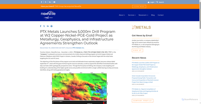Security scan screenshot of https://www.newsfilecorp.com/release/276431/PTX-Metals-Launches-5000m-Drill-Program-at-W2-CopperNickelPGEGold-Project-as-Metallurgy-Geophysics-and-Infrastructure-Agreements-Strengthen-Outlook