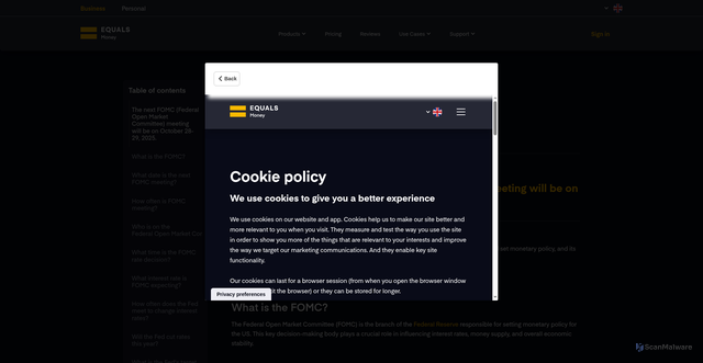 Security scan screenshot of https://equalsmoney.com/economic-calendar/events/fomc-meeting