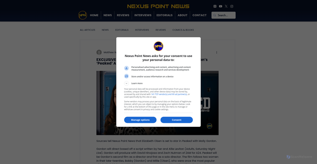 Security scan screenshot of https://www.nexuspointnews.com/post/exclusive-elizabeth-olsen-joins-the-cast-of-molly-gordon-s-peaked