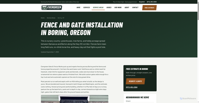 Security scan screenshot of https://evergreen-fence-and-gate.pages.dev/fence-company-boring/