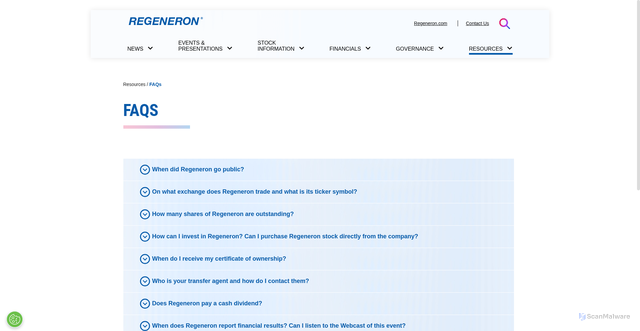Security scan screenshot of https://investor.regeneron.com/resources/investor-faqs/