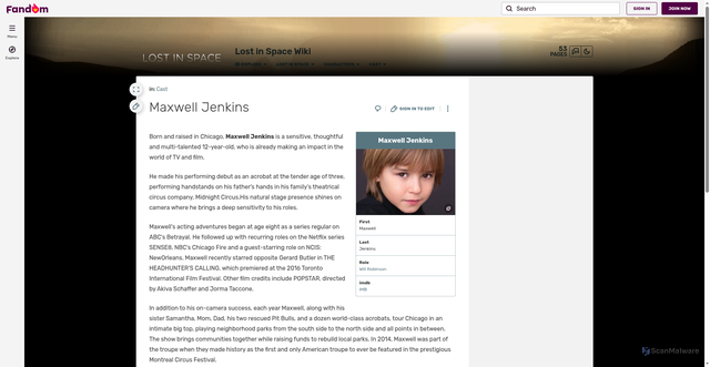 Security scan screenshot of https://lostinspacenetflix-old.fandom.com/wiki/Maxwell_Jenkins