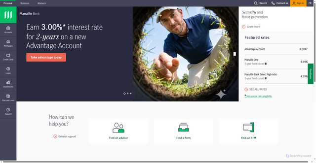 Security scan screenshot of https://manulifebank.ca