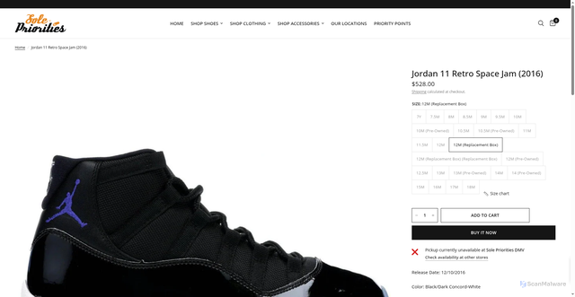 Security scan screenshot of https://www.solepriorities.com/products/jordan-11-retro-space-jam-2016?srsltid=AfmBOoqvF_5dZ0nXocr2PFMAVTeo_jWYyd-yBzh36GOS0Hh6AZ3_RyCc