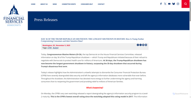 Security scan screenshot of https://democrats-financialservices.house.gov/news/documentsingle.aspx?DocumentID=413900