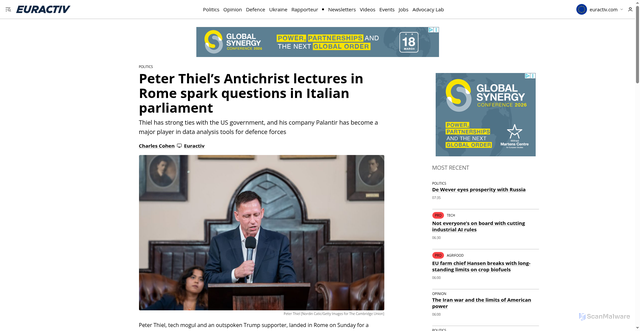 Security scan screenshot of https://www.euractiv.com/news/peter-thiels-antichrist-lectures-in-rome-spark-questions-in-italian-parliament/