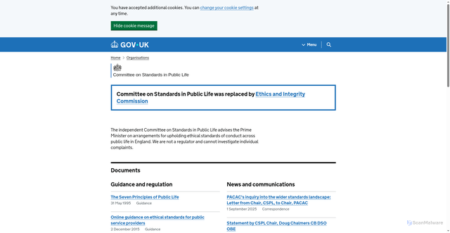 Security scan screenshot of https://www.gov.uk/government/organisations/the-committee-on-standards-in-public-life