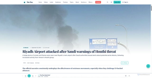 Security scan screenshot of https://piaz.news/article/riyadh-airport-attacked-after-saudi-warnings-of-houthi-threat