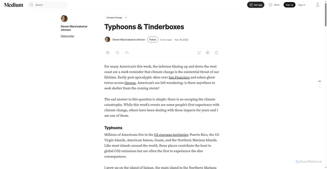 Security scan screenshot of https://steven-johnson.medium.com/typhoons-tinderboxes-23d4013d221b