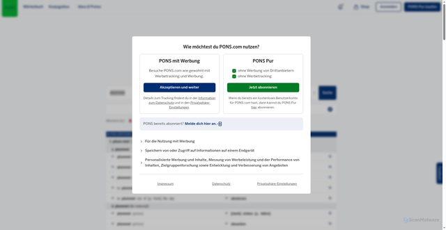 Security scan screenshot of https://de.pons.com/%C3%BCbersetzung/englisch-deutsch/plummer
