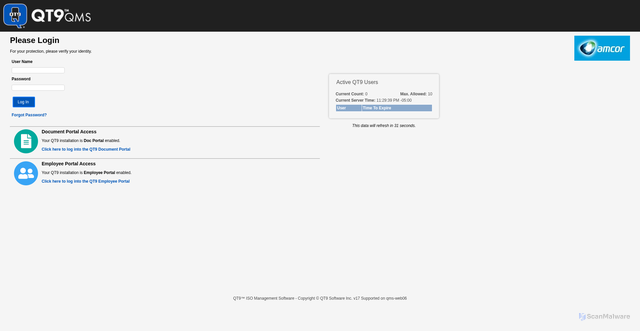 Security scan screenshot of https://amcor.qt9qms.app